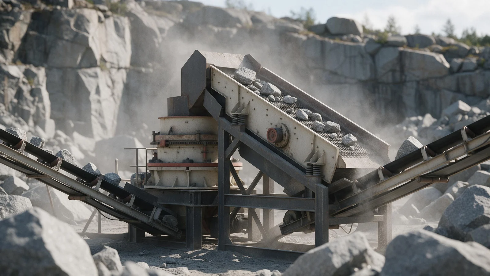 Cone crusher and screening deck in a granite aggregate crushing circuit