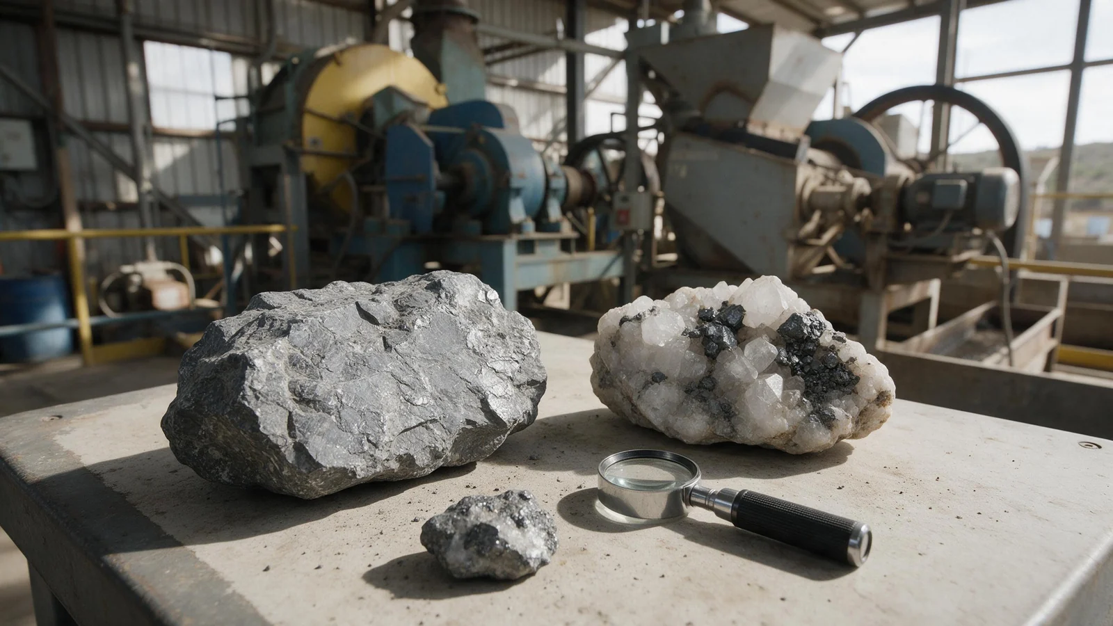 Hand specimens of silver-bearing ore on a lab bench: heavy grey galena