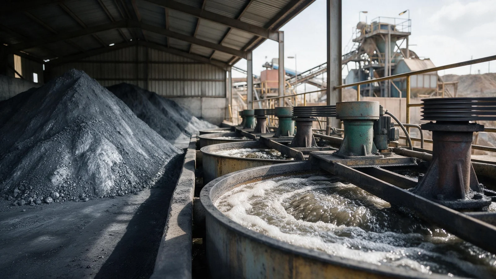 Dark metallic grey lead concentrate stockpiled in a covered shed next to flotation cells