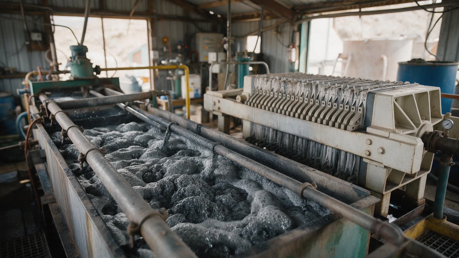 A flotation bank producing dark grey silver-bearing froth beside a filter press in a small concentrator